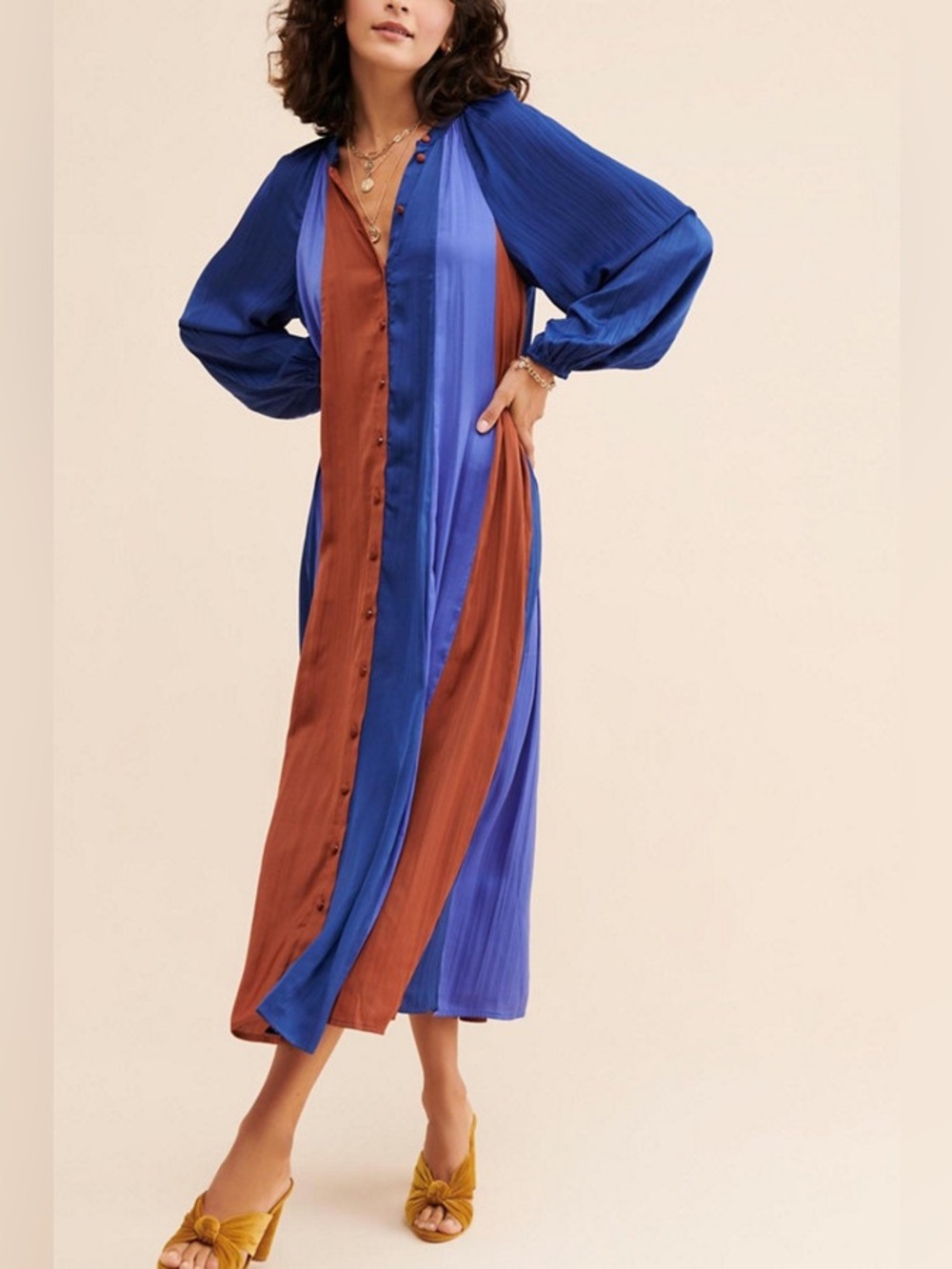 Maeve Colorblocked Maxi Dress in Blue / Rust - M